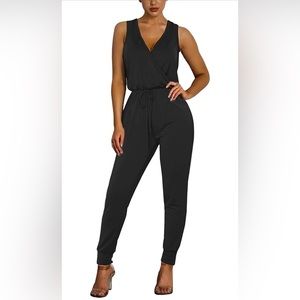 Women Jumpsuit Low V Neck Drawstring Waisted Long Pant Romper